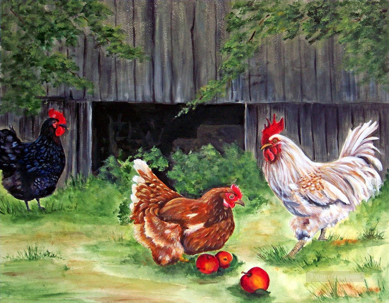 cock hen apple at barn Oil Paintings